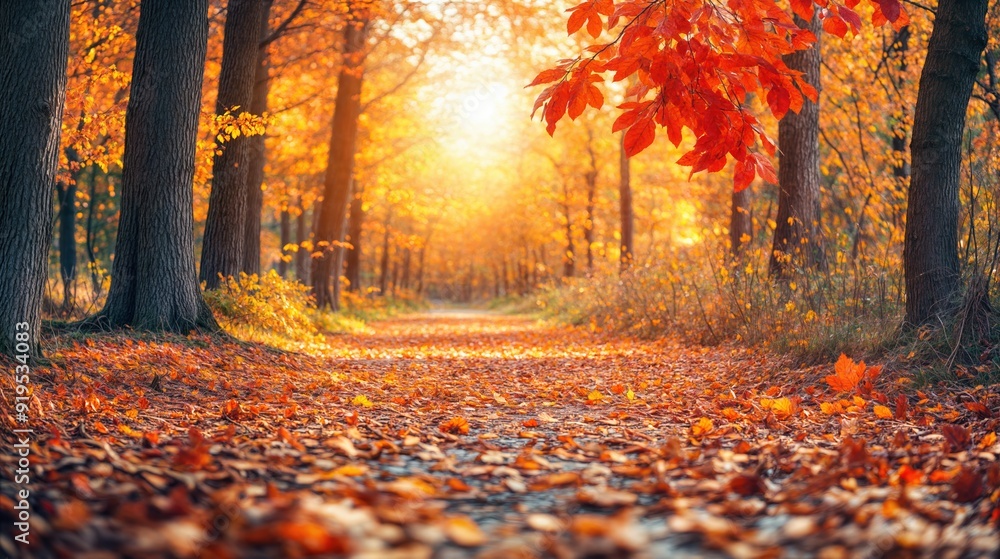 Fototapeta premium A bright autumn forest path covered with golden leaves, illuminated by warm sunlight. The vibrant colors create a beautiful, serene scene.