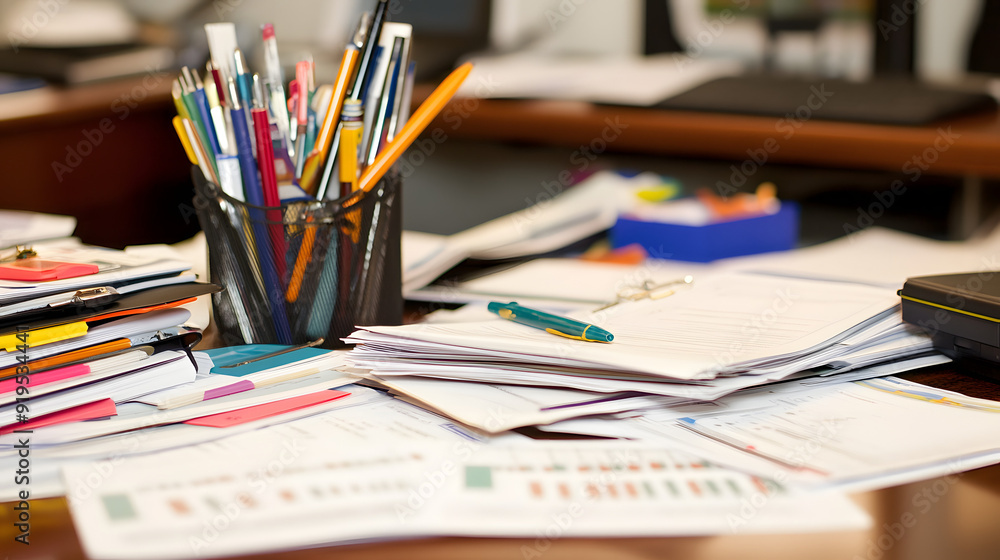 Detailed View of Lender's Desk with Loan Documents spreading,Displaying the Meticulous Process of Evaluating Borrower Qualifications. Detailed View of Lender's Desk with Loan Documents spreading,Displaying the Meticulous Process of Evaluating Borrower Qualifications.
