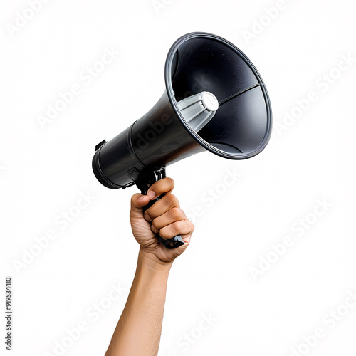 hand holding a megaphone isolated on white background