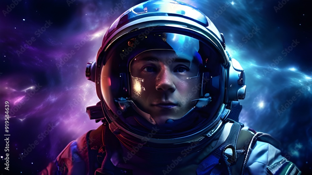 Astronaut in space with stars, a galaxy, a purple and blue nebula, and galaxies reflected in his helmet
Astronaut in space with stars, a galaxy, a purple and blue nebula, and galaxies reflected in his helmet
