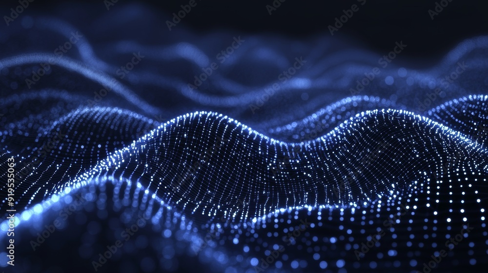 Wave 3D. Particles in motion. Abstract blue geometric background. Data technology abstract illustration. 3D rendering. Wave 3D. Particles in motion. Abstract blue geometric background. Data technology abstract illustration. 3D rendering.