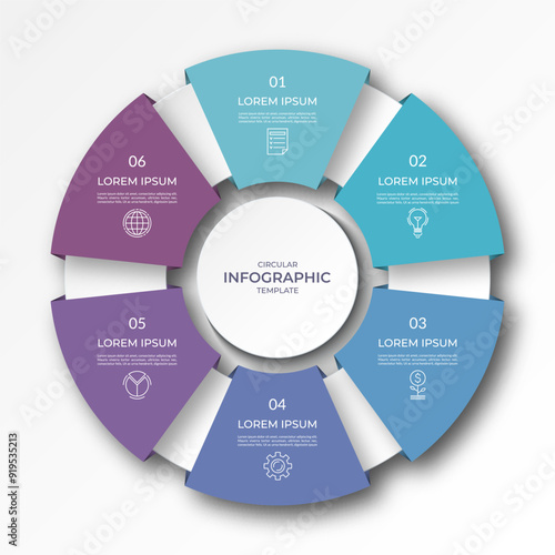 Infographic circular diagram with 6 options, parts. Six-step process chart with colorful segments, applicable for data visualization, presentation, business infographics.