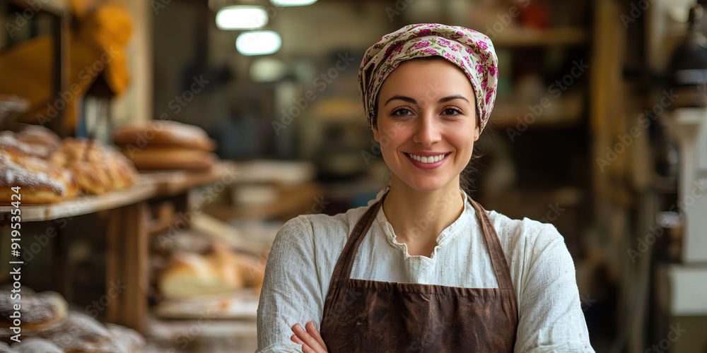 Caucasian Female Baker in Apron and Headscarf, Smiling at Camera Caucasian Female Baker in Apron and Headscarf, Smiling at Camera