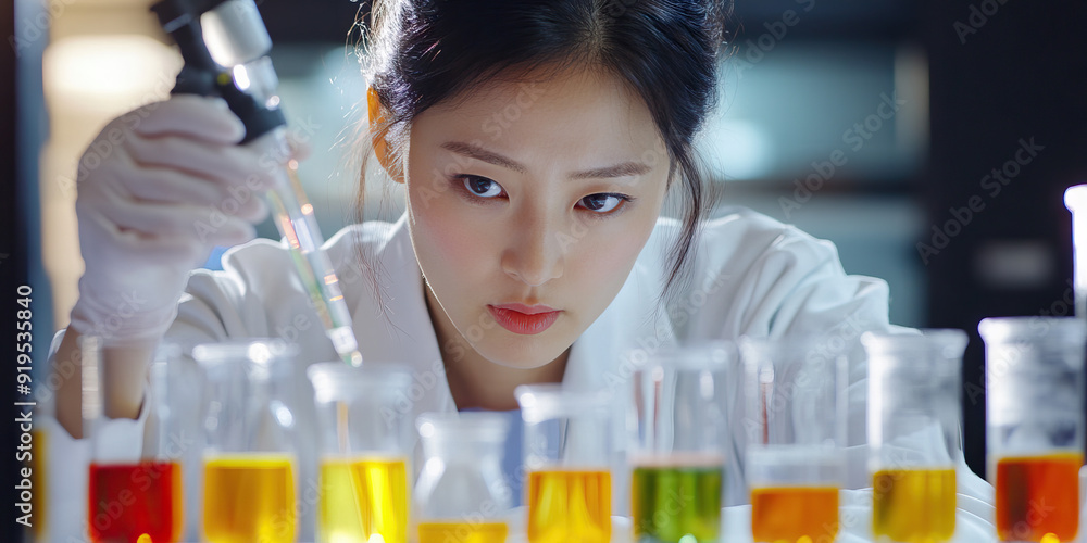 Asian female scientist in lab coat, carefully examining test tubes and beakers on a laboratory bench Asian female scientist in lab coat, carefully examining test tubes and beakers on a laboratory bench