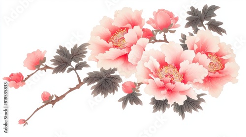 Fototapeta Naklejka Na Ścianę i Meble -  Vibrant Peony Blossom, a striking depiction of a peony flower with intricate petals and lush leaves, set against a pristine white background, showcasing traditional artistic elegance.