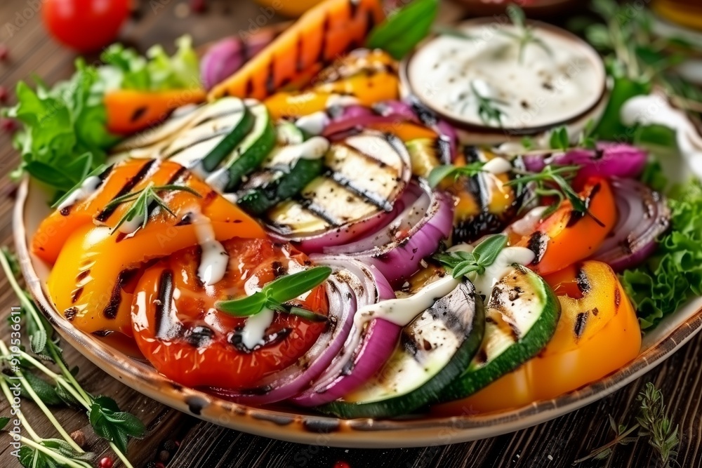 Grilled vegetables with ranch dressing on a wooden background, in a closeup view. Grilled vegetables with ranch dressing on a wooden background, in a closeup view.