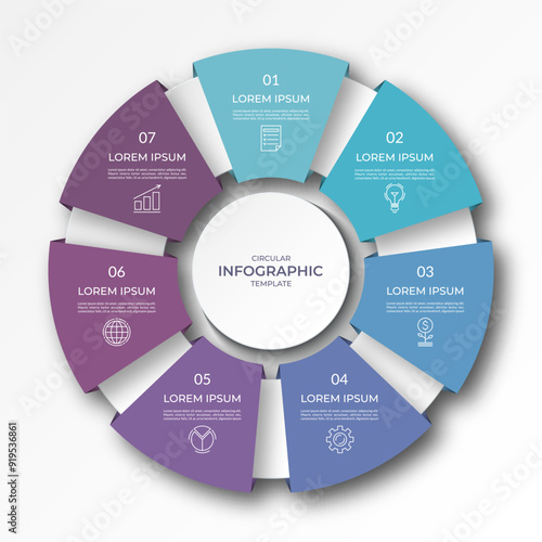 Infographic circular diagram with 7 options, parts. Seven-step process chart with colorful segments, applicable for data visualization, presentation, business infographics.