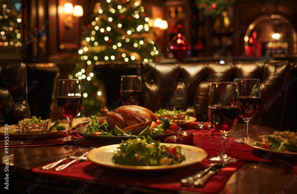Beautifully set Christmas table with juicy turkey, green salad and red wine glasses on the table, in the background an elegant sofa with twinkling lights behind it and a decorated Christmas tree Beautifully set Christmas table with juicy turkey, green salad and red wine glasses on the table, in the background an elegant sofa with twinkling lights behind it and a decorated Christmas tree