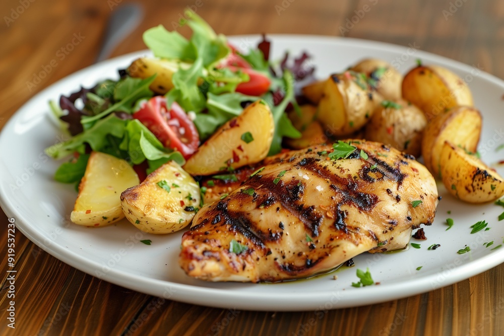 Grilled chicken fillet with potatoes and salad on a white plate, closeup. Grilled chicken fillet with potatoes and salad on a white plate, closeup.