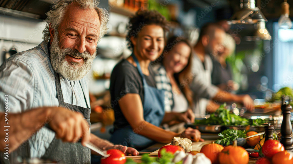 A man with a white apron is cutting tomatoes in a kitchen with other people A man with a white apron is cutting tomatoes in a kitchen with other people