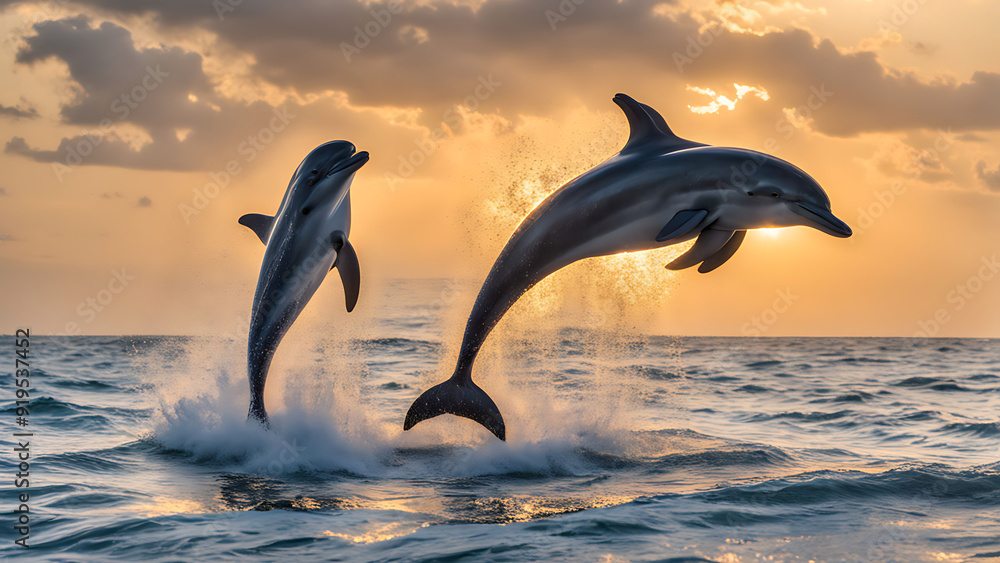 Two playful dolphins leap joyfully out of the sparkling ocean, silhouetted against a golden sunset Two playful dolphins leap joyfully out of the sparkling ocean, silhouetted against a golden sunset
