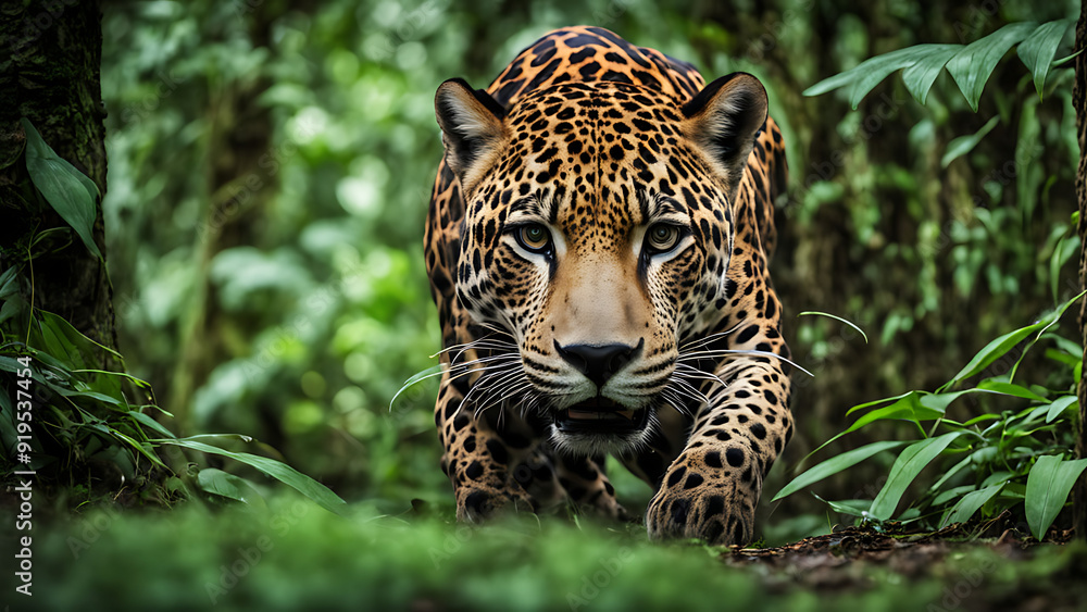 Naklejka premium A powerful jaguar moves stealthily through the dense foliage of a rainforest, its piercing gaze locked on its prey