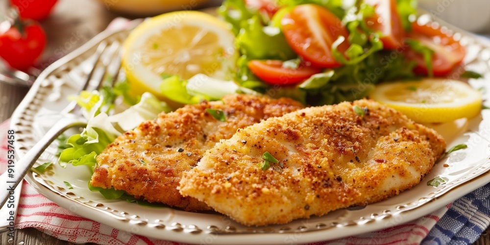 A photo of breaded chicken cutlets with lemon and salad on the side A photo of breaded chicken cutlets with lemon and salad on the side