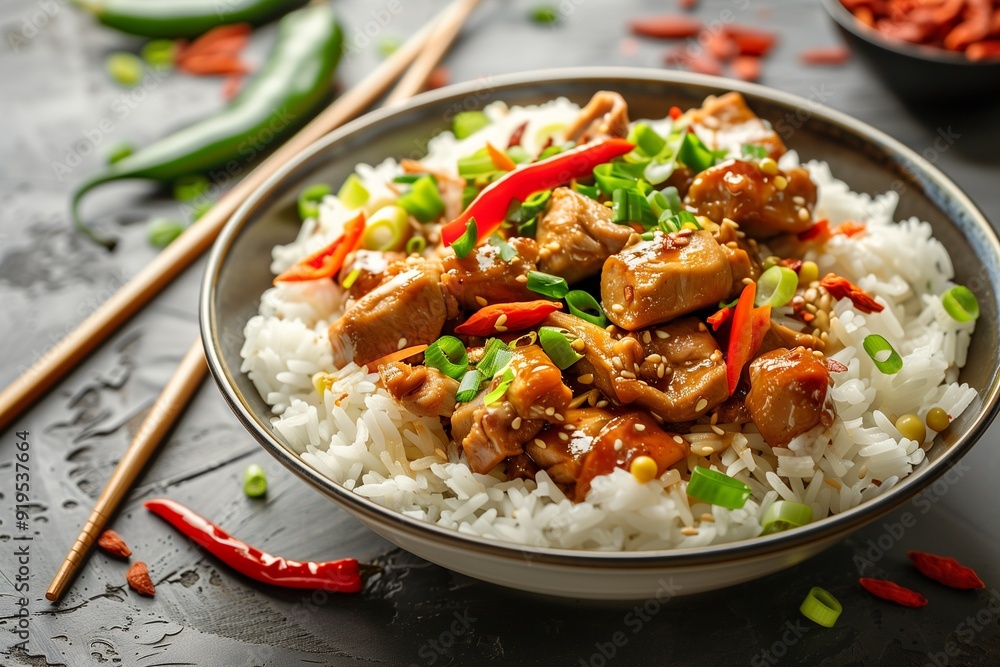 Sichuan style stewed chicken and rice on a dark background, close-up. Sichuan style stewed chicken and rice on a dark background, close-up.