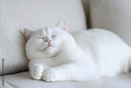 A serene white cat peacefully sleeping on a soft couch, exuding tranquility and warmth in a cozy environment. photo