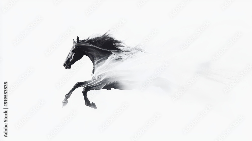Dynamic ink brush artwork of a galloping horse, captured in fluid strokes, embodying grace and movement against a clean white backdrop, celebrating traditional Chinese artistry. Dynamic ink brush artwork of a galloping horse, captured in fluid strokes, embodying grace and movement against a clean white backdrop, celebrating traditional Chinese artistry.