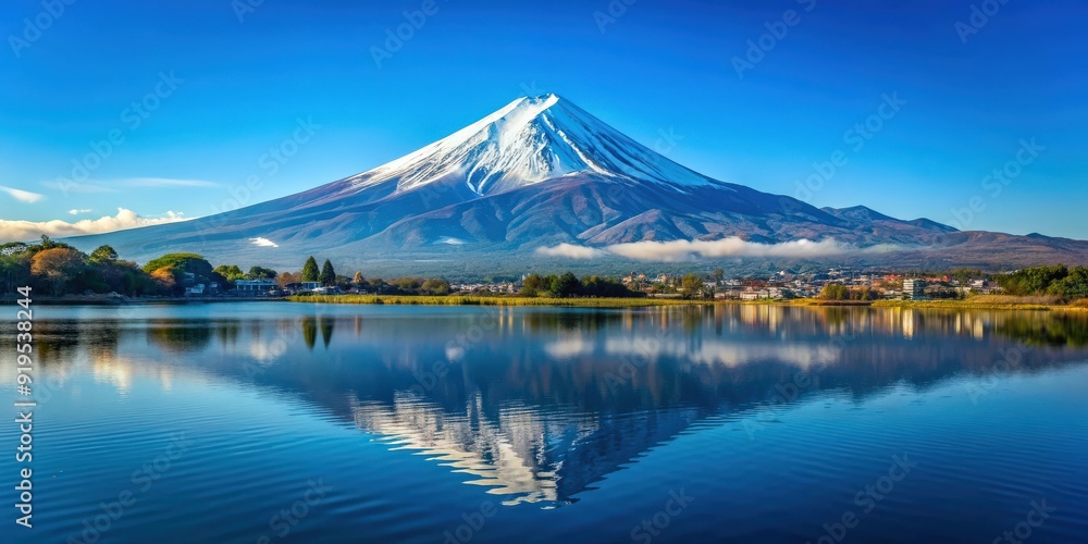 Majestic view of Mount Fuji with clear blue sky in the background, Japan, iconic, symbol, volcano, peak, landscape, scenic Majestic view of Mount Fuji with clear blue sky in the background, Japan, iconic, symbol, volcano, peak, landscape, scenic