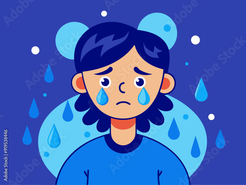 Dropping tears. Cry, wet eyes, streams teardrop. Shedding, sobbing, grieving tear. Sad emotion. Water blue drops. Rain splashes and fluid flows. Vector collection Dropping tears. Cry, wet eyes, stream