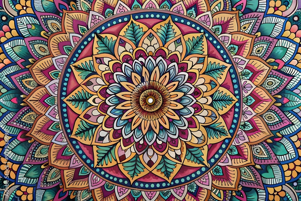 Fototapeta premium Tribal ethnic seamless pattern with mandala round circular ornament, geometric floral repeating texture. Vector decorative colorful background