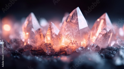 An elegant scene depicting a cluster of crystalline structures, each one sparkling and emitting soft, ethereal light in a mesmerizing, detailed arrangement. photo