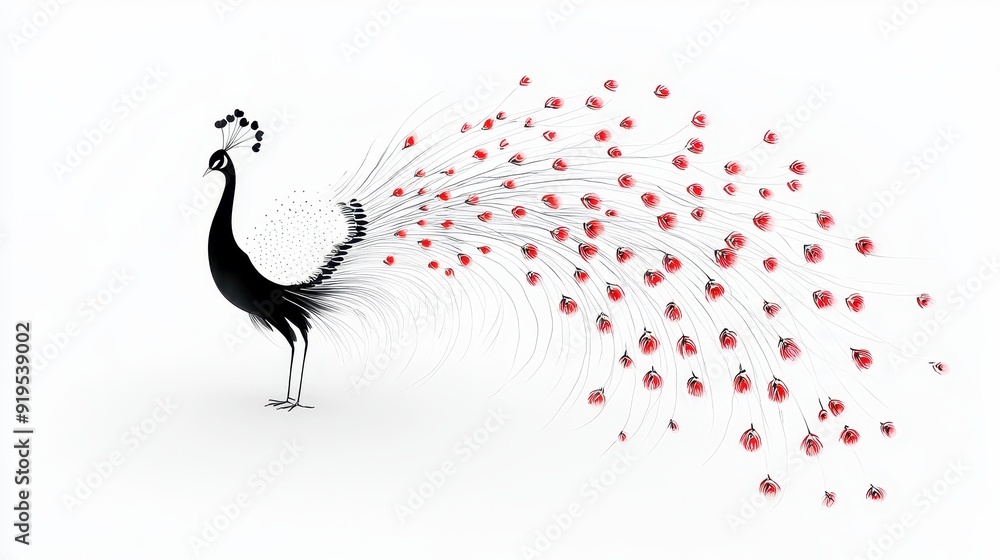Fototapeta premium Elegant Chinese ink brush artwork of a peacock displaying its vibrant feathers, showcasing intricate details and fluid brushstrokes against a pristine white backdrop.