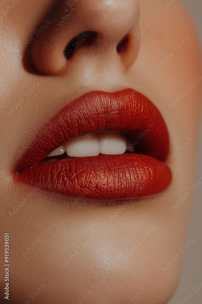 Naklejka premium A close-up of lips with deep red lipstick, emphasizing texture and detail, representing beauty and sensuality with copy space for design use.