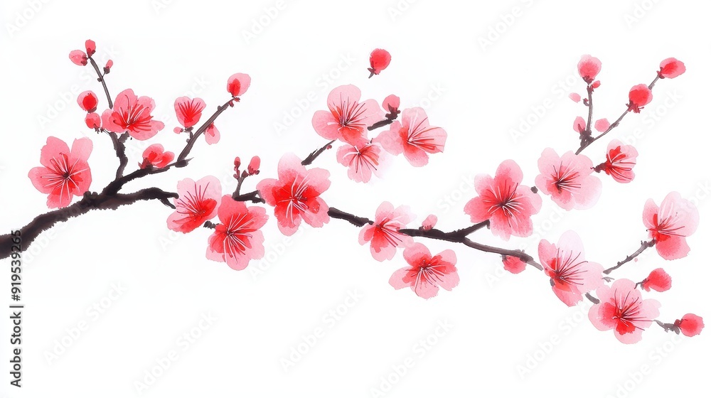 Plum Blossom Elegance, a delicate depiction of a plum blossom branch rendered in traditional Chinese ink brush style, showcasing intricate details against a pristine white backdrop. Plum Blossom Elegance, a delicate depiction of a plum blossom branch rendered in traditional Chinese ink brush style, showcasing intricate details against a pristine white backdrop.