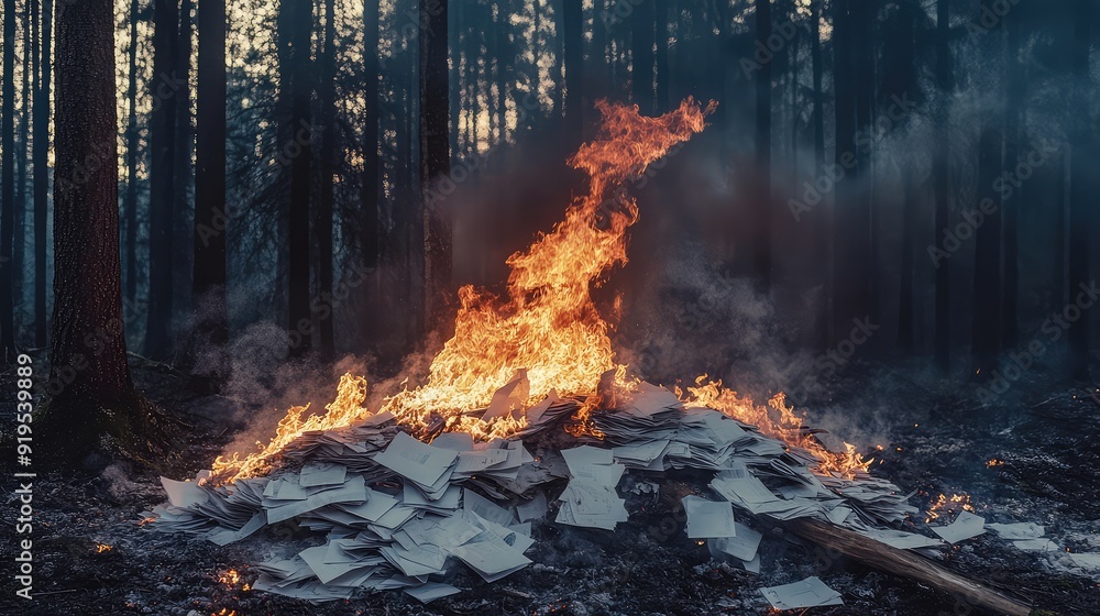 A forest fire burning a pile of paper, symbolizing the devastation of the environment. A forest fire burning a pile of paper, symbolizing the devastation of the environment.