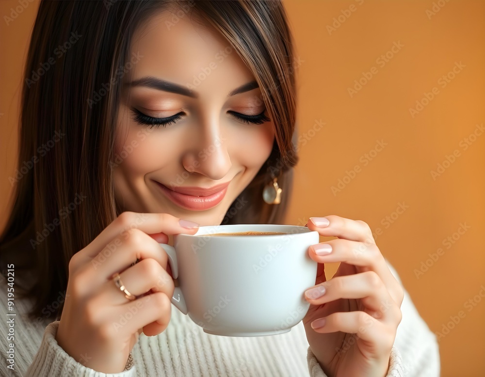 Elegant Woman Enjoying a Steaming Cup of Coffee Elegant Woman Enjoying a Steaming Cup of Coffee