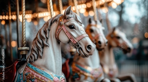 A lineup of vintage carousel horses adorned with weathered, intricate designs and harnesses, showcasing the timeless allure and nostalgic charm of classic merry-go-rounds.