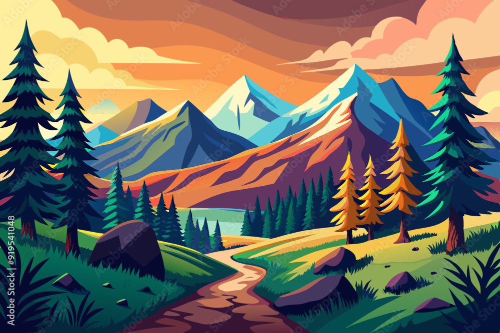 Hand drawn vector nature illustration with mountains and forest on first view art vector illustrator Hand drawn vector nature illustration with mountains and forest on first view art vector illustrator