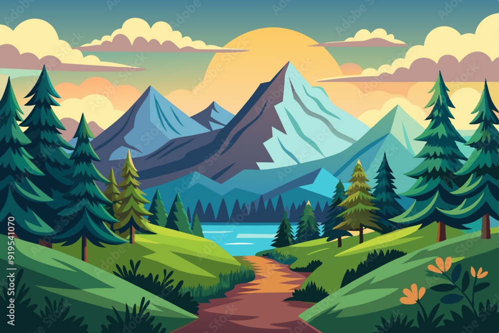Hand drawn vector nature illustration with mountains and forest on first view art vector illustrator Hand drawn vector nature illustration with mountains and forest on first view art vector illustrator
