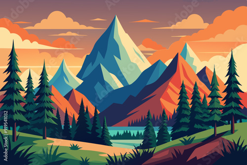 Hand drawn vector nature illustration with mountains and forest on first view art vector illustrator