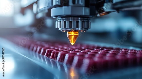 This image shows a close-up of a 3D printer nozzle meticulously crafting intricate red shapes on a metallic platform, representing advanced technology and innovation in manufacturing.