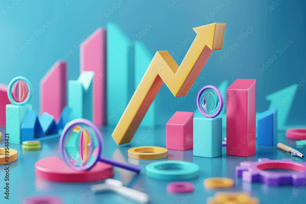 Illustration of colorful graph and charts with arrow pointing up. Concept of business growth with charts, graphs, and target icons Illustration of colorful graph and charts with arrow pointing up. Concept of business growth with charts, graphs, and target icons
