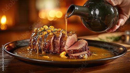 Succulent roast meat drizzled with rich sauce, served on a rustic plate. Ideal for food lovers and culinary enthusiasts. photo