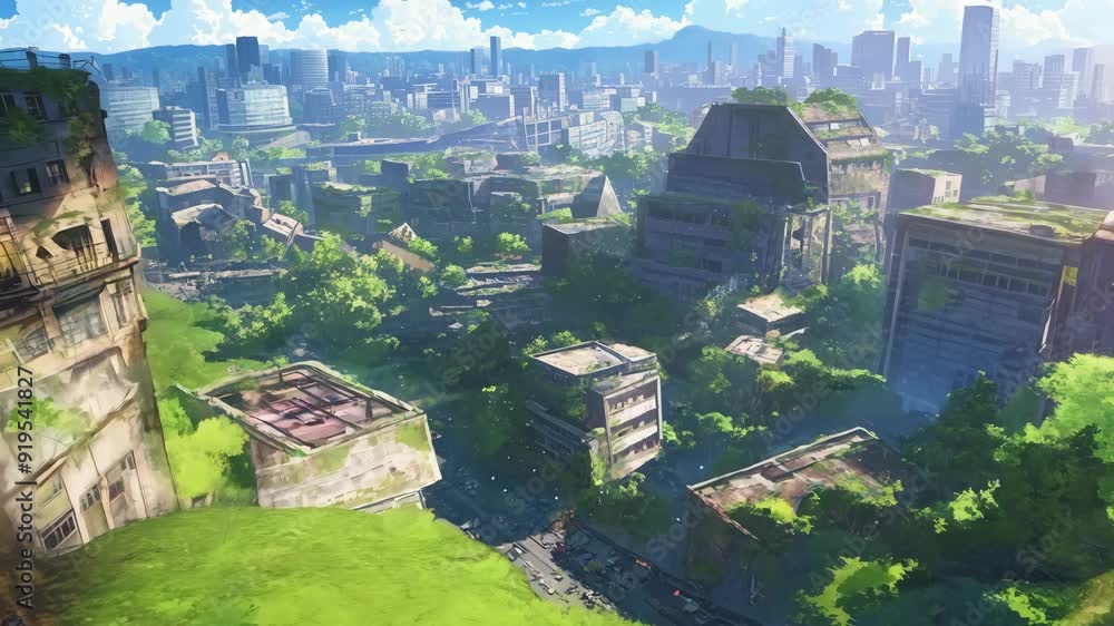 Aerial view of overgrown abandoned city. Ruined skyscrapers in post ...