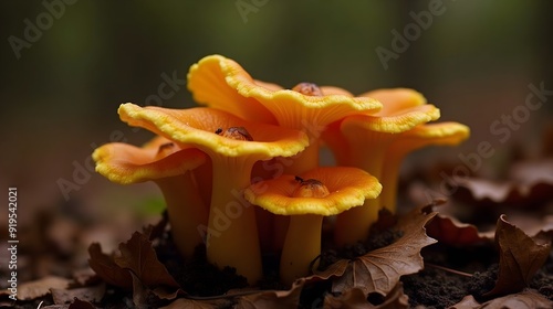 Cluster of golden Chanterelle mushrooms on forest floor