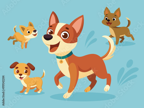 Cartoon dog. Active pet animal, cute puppy and dogs in different poses, running, jumping and sleeping character vector illustration set. Active and playful domestic pets spending leisure time
