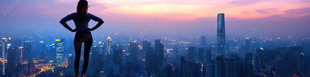 Fototapeta premium Confident female architect stands on top of a skyscraper, hands on hips, overlooking the city skyline