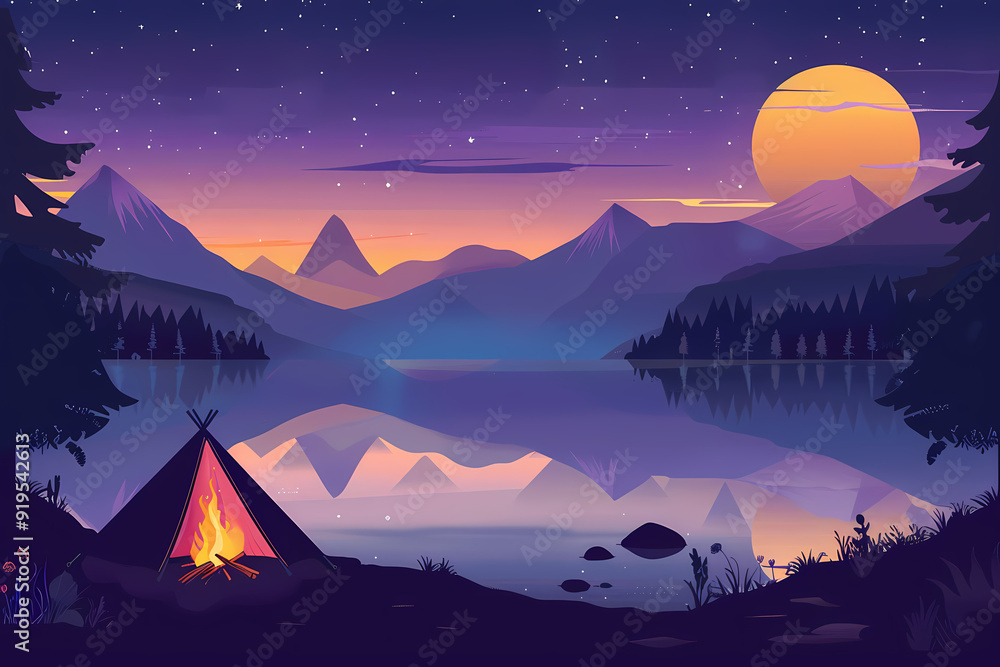 beautiful night landscape, tent and camfire with mountain view beautiful night landscape, tent and camfire with mountain view