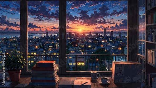 A Beautiful View of the City Sunset from an Open Window with Books
