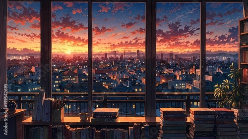 A Beautiful View of the City Sunset from an Open Window with Books