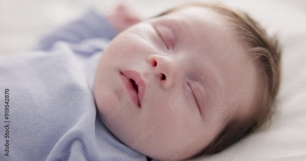 Face, relax and sleep with a baby on a bed closeup in a home, dreaming during a nap for child development. Growth, calm and rest with an adorable newborn infant asleep in a bedroom for comfort Face, relax and sleep with a baby on a bed closeup in a home, dreaming during a nap for child development. Growth, calm and rest with an adorable newborn infant asleep in a bedroom for comfort