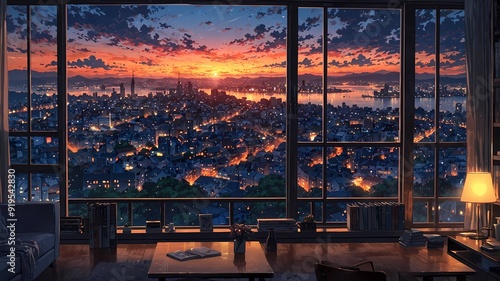 A Beautiful View of the City Sunset from an Open Window with Books with Anime Style