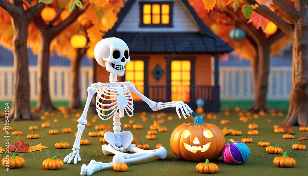 a cute and playful skeleton playing with a ball of yarn, surrounded by colorful fall leaves and small, glowing pumpkins a cute and playful skeleton playing with a ball of yarn, surrounded by colorful fall leaves and small, glowing pumpkins