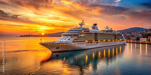 Seabourn Encore cruise ship at sunset in Kusadasi harbor, Aydin, Turkey, Seabourn Encore, cruise ship, sunset, harbor, Kusadasi photo