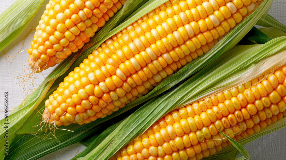 Close-up of fresh corn on the cob with husks, highlighting the vibrant yellow kernels, perfect for healthy food themes. Close-up of fresh corn on the cob with husks, highlighting the vibrant yellow kernels, perfect for healthy food themes.