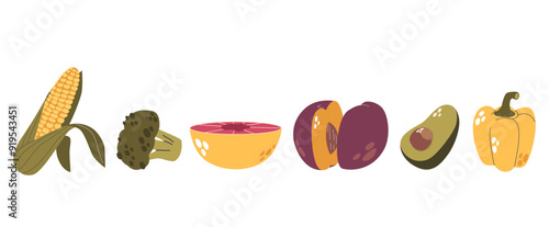 Variety Of Fruits And Vegetables Like Corn, Broccoli, Grapefruit, Plum, Avocado And Bell Pepper. Vector Illustration