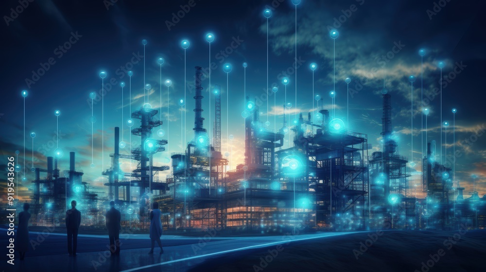 Obraz premium Modern factory, communication network. Telecommunication. IoT, Internet of Things, ICT, Information communication Technology,. Smart factory. Digital transformation, cloud connecting, generate by AI